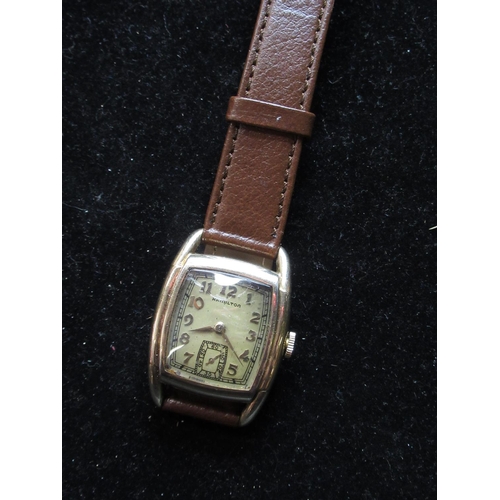 494 - 1940's Hamilton Wadsworth gold filled hand wound wristwatch on leather strap, stepped Tonneau case w... 