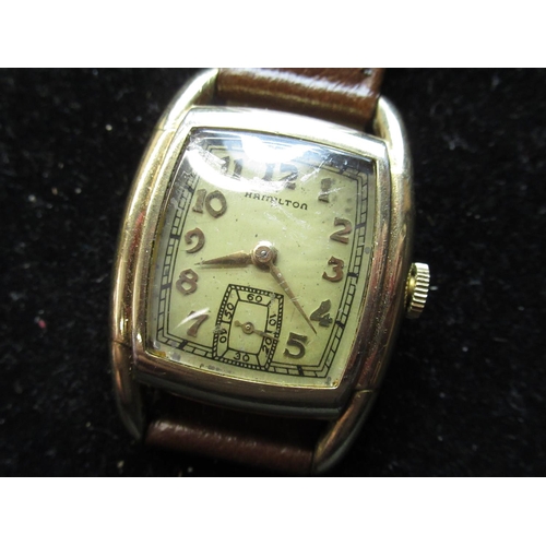 494 - 1940's Hamilton Wadsworth gold filled hand wound wristwatch on leather strap, stepped Tonneau case w... 