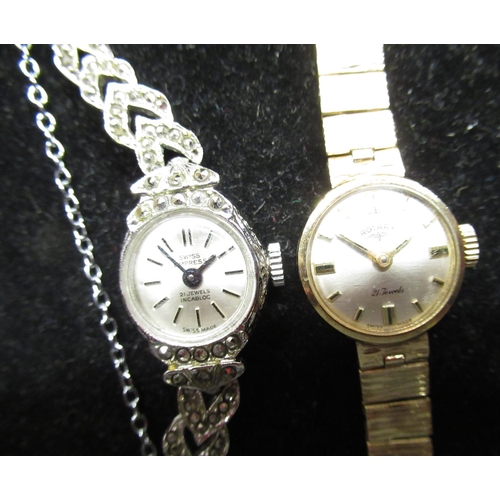 467 - Ladies Rotary 9ct gold hand wound cocktail watch, signed silvered dial with applied hour markers, co... 