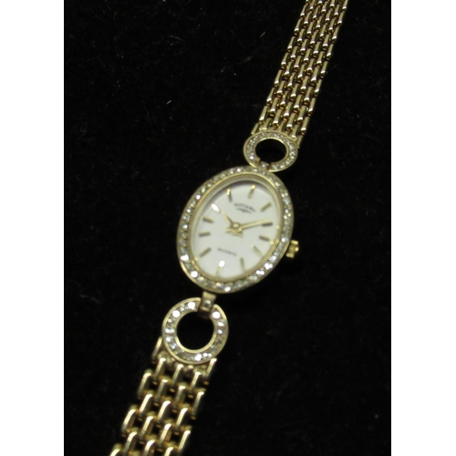 468 - Ladies Rotary gold cased quartz wristwatch, white dial with applied gold baton hour markers, oval ca... 