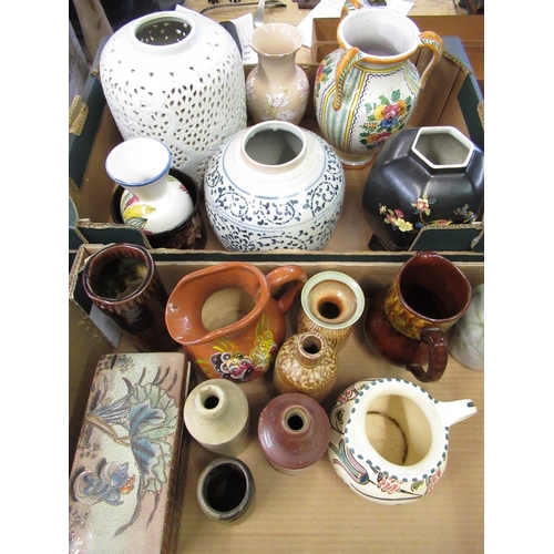 88 - Three stoneware bottles, collection of stoneware jugs, Sadler vase, hexagonal black hand painted vas... 
