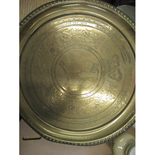 143 - Late Victorian Diamond Jubilee commemorative brass bar tray, with engraved decoration, D30cm, glazed... 