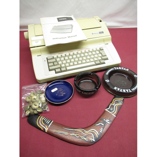 144 - Samsung SQ-1200 electronic typewriter, Harp Lager glass ashtray, Younger's Tartan glass ashtray, Hor... 