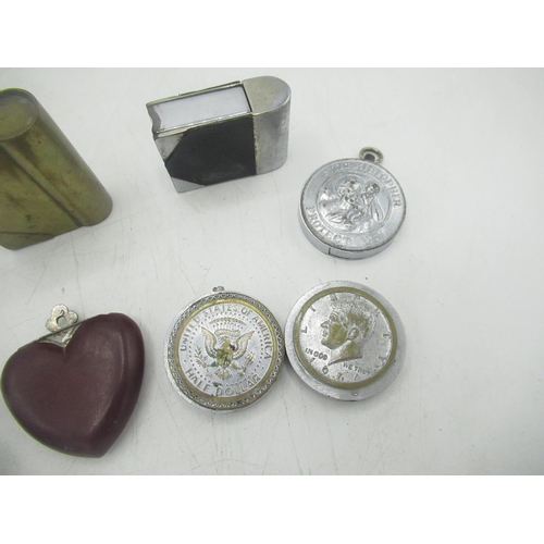 753 - Aluminium heart shaped lighter marked Egypt, plastic heart shaped lighter, St. Christopher circular ... 