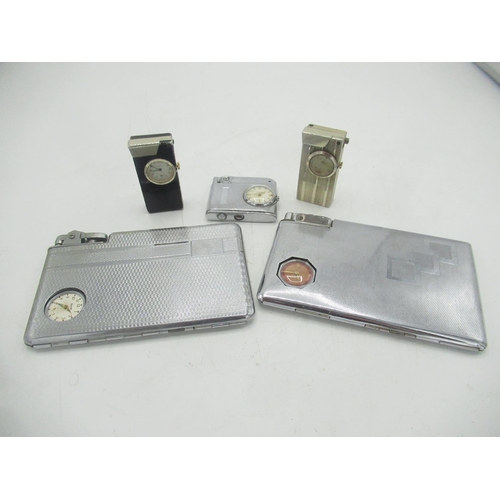 766 - 3 lighters and 2 lighter/cigarette cases with clocks inbuilt by Ingersoll, Aircraft and Swank (5)