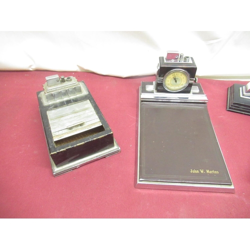 774 - Ronson Touch Tip desk lighter with in built clock and leather covered paper pad, with gilted name 