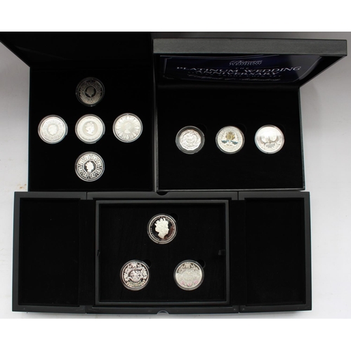 1089 - Three Royal Commemorative silver proof coin sets comprising Platinum Wedding Anniversary three coin ... 