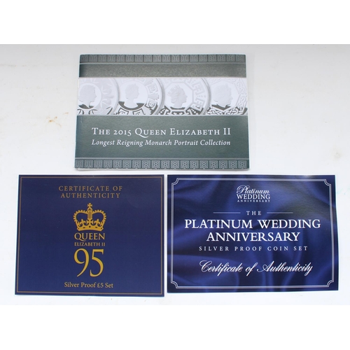 1089 - Three Royal Commemorative silver proof coin sets comprising Platinum Wedding Anniversary three coin ... 