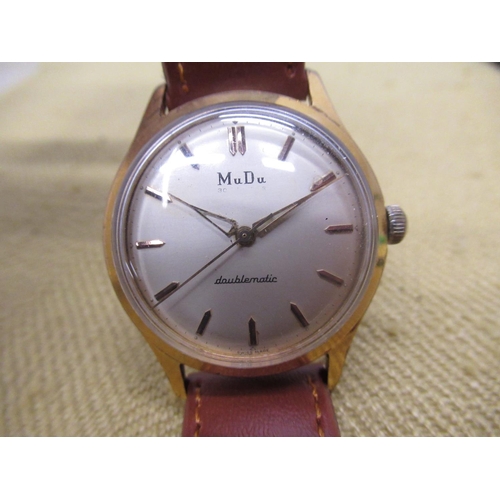 695 - Mudu Doublematic wristwatch, signed silvered dial with applied Arabic and baton markers, rolled gold... 