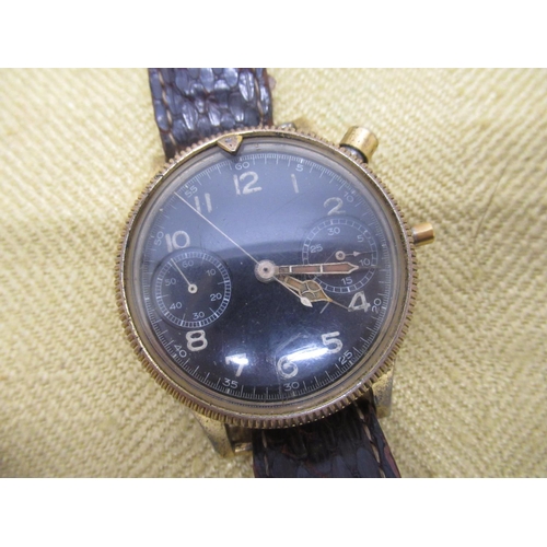 698 - Hanhart WWII era mono pusher pilots hand wound chronograph wristwatch, black bicompax dial with Arab... 