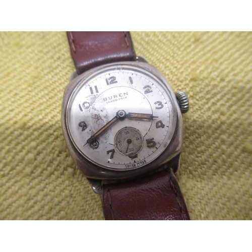 681 - Buren Grand Prix silver cushion cased hand wound wristwatch, signed two toned silvered dial with ske... 