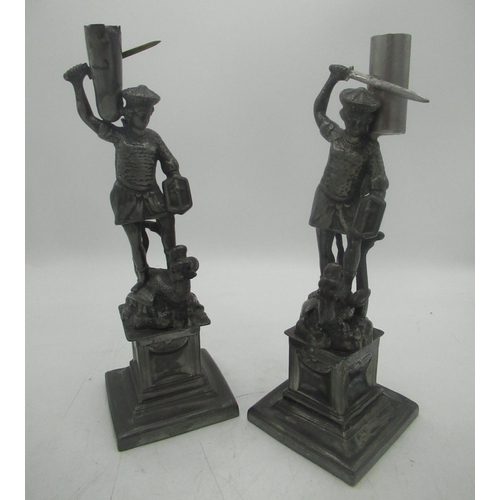 1117 - Pair of EPBM candlesticks modelled as Knights slaying dragons, by James Deakin & Co Sheffield, an EP... 