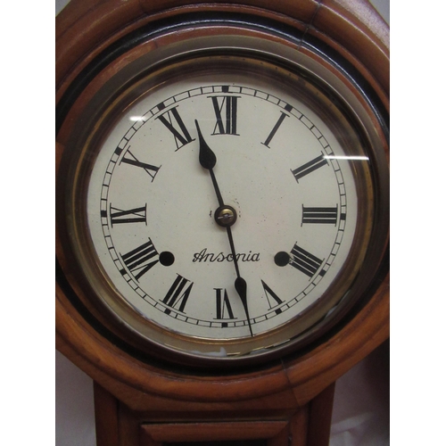 1122 - Early C20th oak cased wheel barometer and thermometer box with scroll decoration, H73cm, and a late ... 