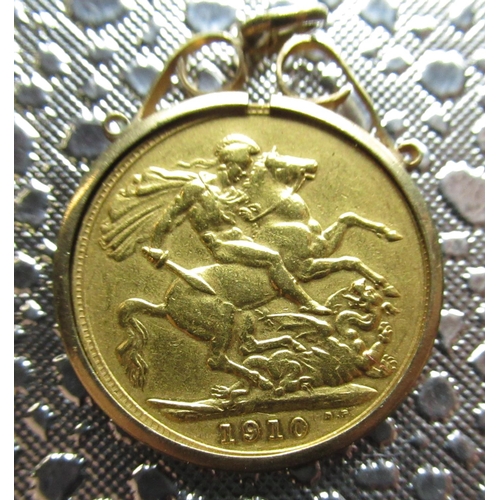 1012 - Edw.VII Sovereign 1910 in 9ct gold hallmarked loose mount