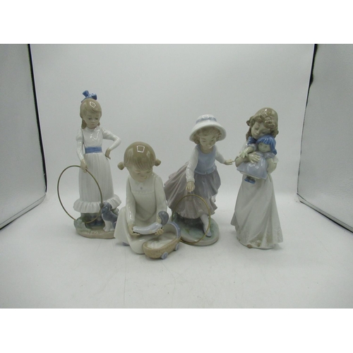 1113 - Four Nao figures of girls, two with hoops, two with dolls, max H24cm (4)