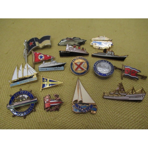 924 - Selection of various ship related enamel and pin badges including Seacat, Queen Mary, Waverley, vari... 