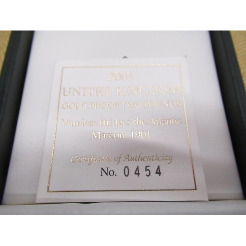 1028 - Royal Mint 2001 Wireless Bridges The Atlantic, Marconi 1901 Gold Proof Two Pounds, encapsulated, cas... 