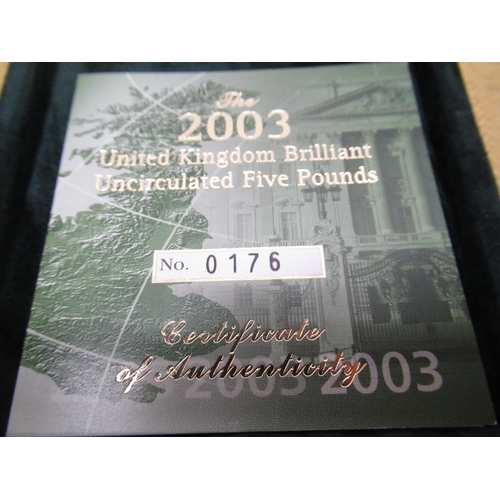 1029 - Royal Mint 2003 UK Brilliant Uncirculated Five Pounds, encapsulated, cased and boxed with cert No.01... 