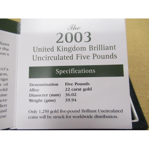 1029 - Royal Mint 2003 UK Brilliant Uncirculated Five Pounds, encapsulated, cased and boxed with cert No.01... 