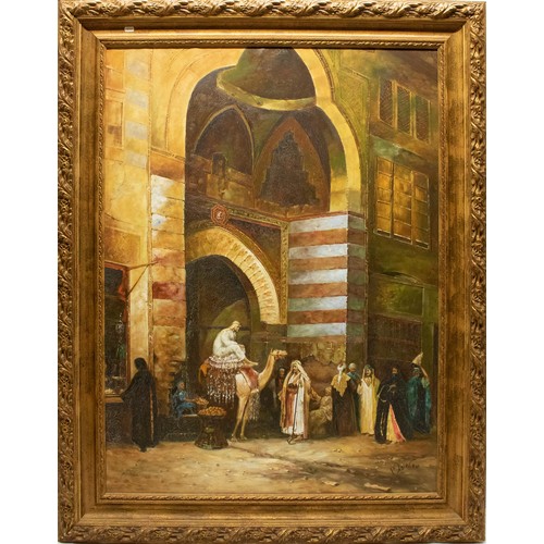 518 - Late C20th/early C21st; Middle Eastern street scene with figures outside a temple, oil on canvas, in... 