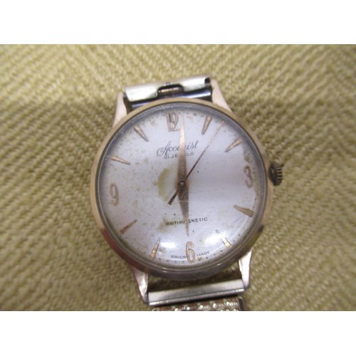 649 - Accurist 9ct gold cased hand wound wristwatch, silvered dial with applied Arabic and baton hour mark... 