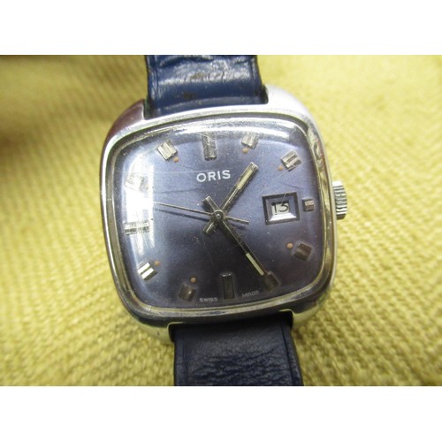 646 - Oris handwound wristwatch with date, signed blue fume dial with applied baton hour markers, rectangu... 