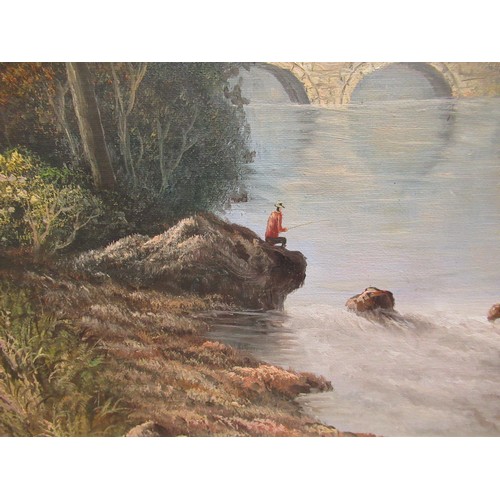 540 - P. Wilson (British, contemporary); Fisherman sitting by a river with mountains in the distance,  oil... 