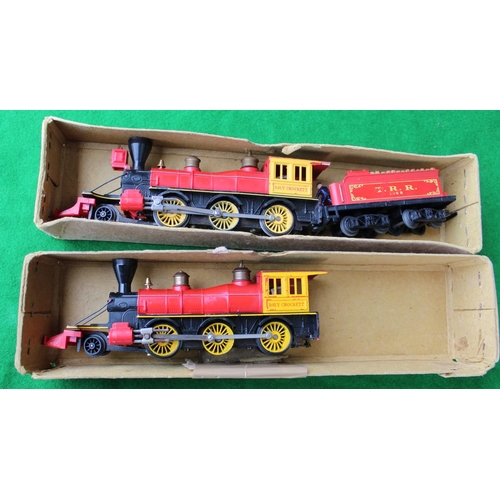 886 - Boxed Davy Crockett OO gauge Western style engine with cow catcher, TRR 1868 engine, log transporter... 