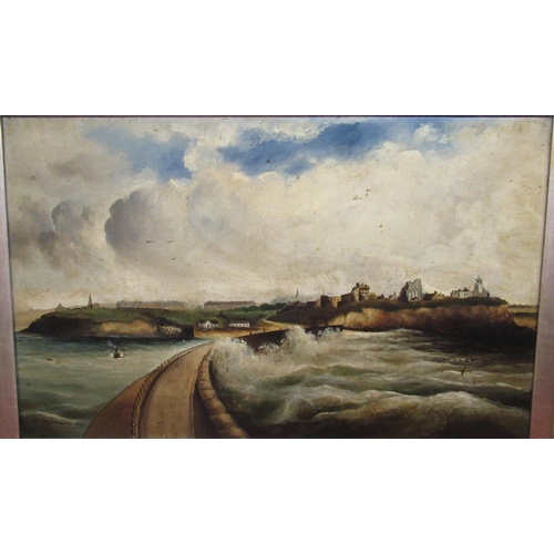 521 - J.S McNim (late C19th); Whitby Harbour with Abbey ruins in the distance, oil on canvas, signed and d... 