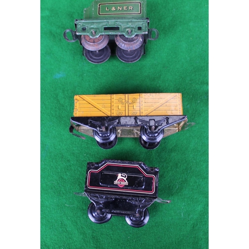 898 - Set of three 0 gauge tin plate carriages including LNER wagon, British Rail coal tender, wagon No.67