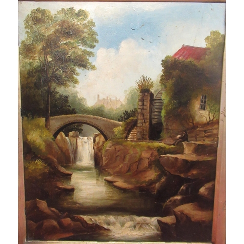 523 - English School (C19th); Mill race by a stone bridge crossing a river, oil on canvas, 51cm x 40cm