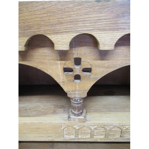 574 - Vintage oak plate drying rack, arcade cornice and open work frieze, W110cm D27cm H90cm