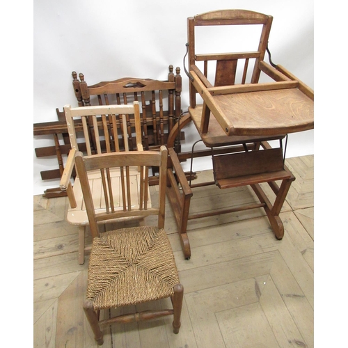 579 - C20th child's Bentwood framed high chair/walker, two child's chairs and child's cot (4)