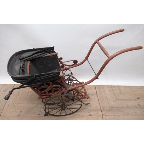 584 - Vintage Bentwood and metal framed child's rickshaw/pram with spoked wheels