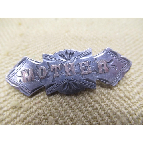 822 - Silver mother bar brooch, costume and other jewellery including bone china brooch, pendants, other b... 