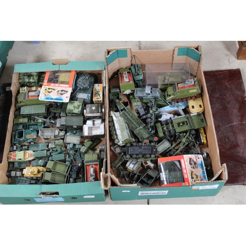 844 - Two boxes of play worn Dinky and Matchbox military vehicles inc. tanks, jeeps, etc