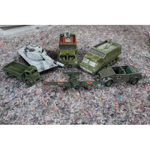 844 - Two boxes of play worn Dinky and Matchbox military vehicles inc. tanks, jeeps, etc