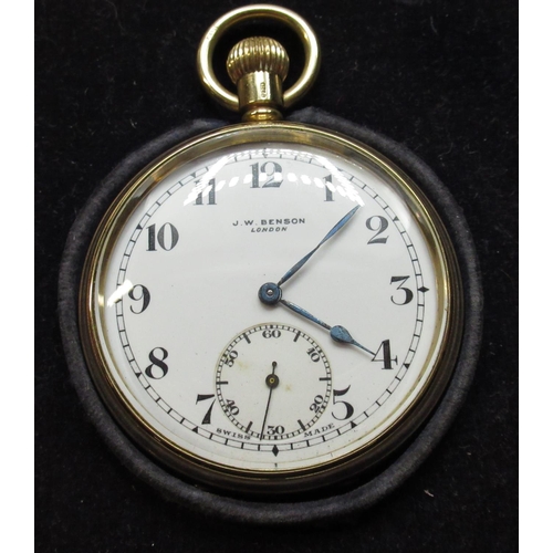 1000 - J. W. Benson 9ct gold keyless open faced pocket watch, white enamel Arabic dial, rail track minute a... 