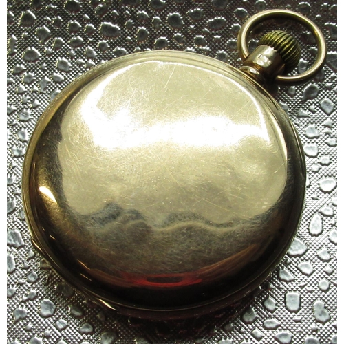 1002 - Derrick 9ct gold keyless open faced pocket watch, white enamel Arabic dial, rail track minutes and s... 