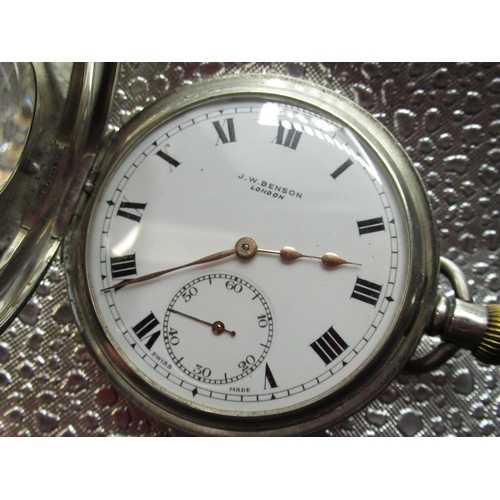 1004 - J. W. Benson silver keyless half Hunter pocket watch, white enamel Roman dial, rail track minutes an... 