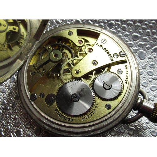 1004 - J. W. Benson silver keyless half Hunter pocket watch, white enamel Roman dial, rail track minutes an... 