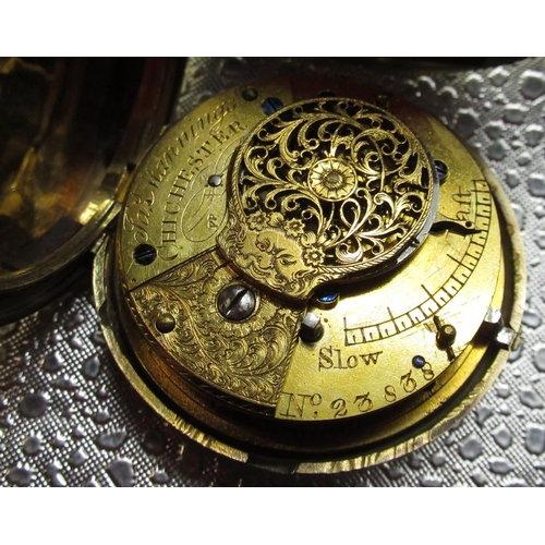 1005 - James Manning of Chichester mid C19th gilt metal Hunter cased pocket watch, white enamel Roman dial ... 