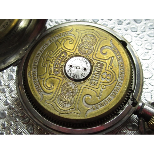 1006 - Hebdomas silver keyless open face pocket watch, white enamel Roman dial with visible balance, hinged... 