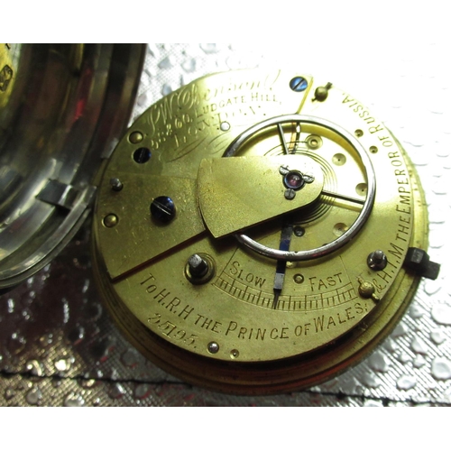 1007 - J. W. Benson silver key wound open faced pocket watch, white enamel Roman dial with rail track minut... 