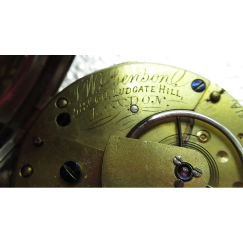 1007 - J. W. Benson silver key wound open faced pocket watch, white enamel Roman dial with rail track minut... 
