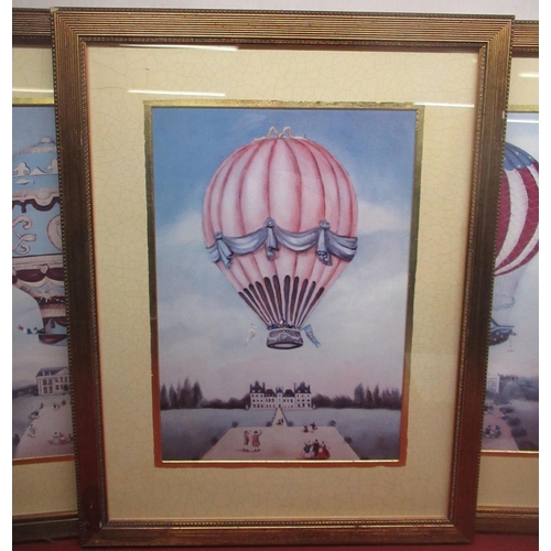 528 - After A. Churchill (C19th); Balloons over Country Houses, set of three colour prints, in crackle eff... 