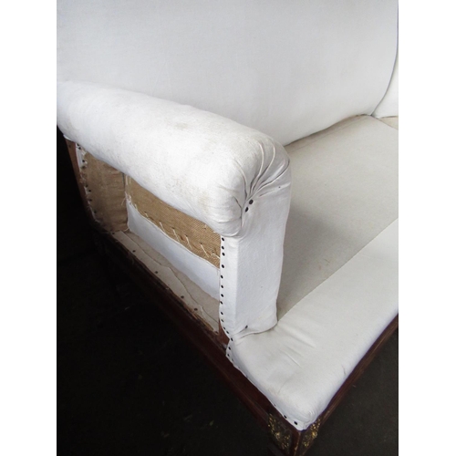 644 - Edwardian upholstered corner seat, with scroll arms and moulded frieze with gilt metal mounts, squar... 