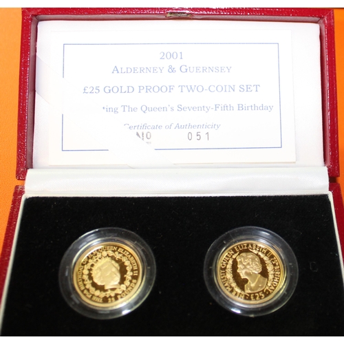 1047 - Royal Mint 2001 Alderney & Guernsey £25 Gold Proof Two-Coin set, Celebrating The Queen's Seventy-Fif... 