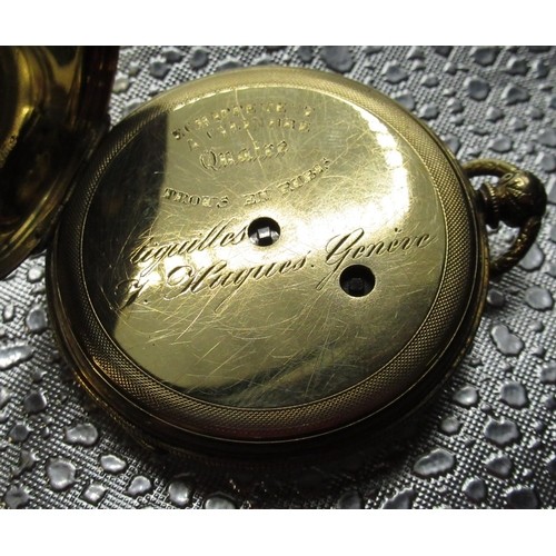 1001 - T. Hugues Geneve mid C19th key wound open faced pocket watch, white enamel Roman, engraved and engin... 