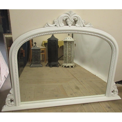 634 - Victorian style overmantle mirror, arched plate in white frame with pierced cresting, W130cm H93cm